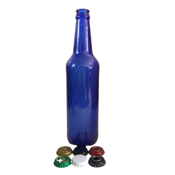 Blue glass long-neck beer bottle with blue metal cap