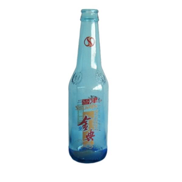 Front view of 12oz light blue beer bottle with long neck